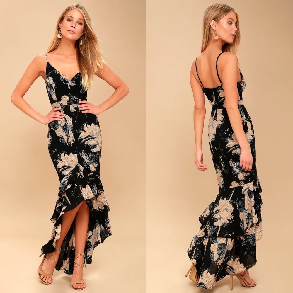 NWOT Lulus Darling Daylily Black Floral Print High-Low Maxi Dress Size M